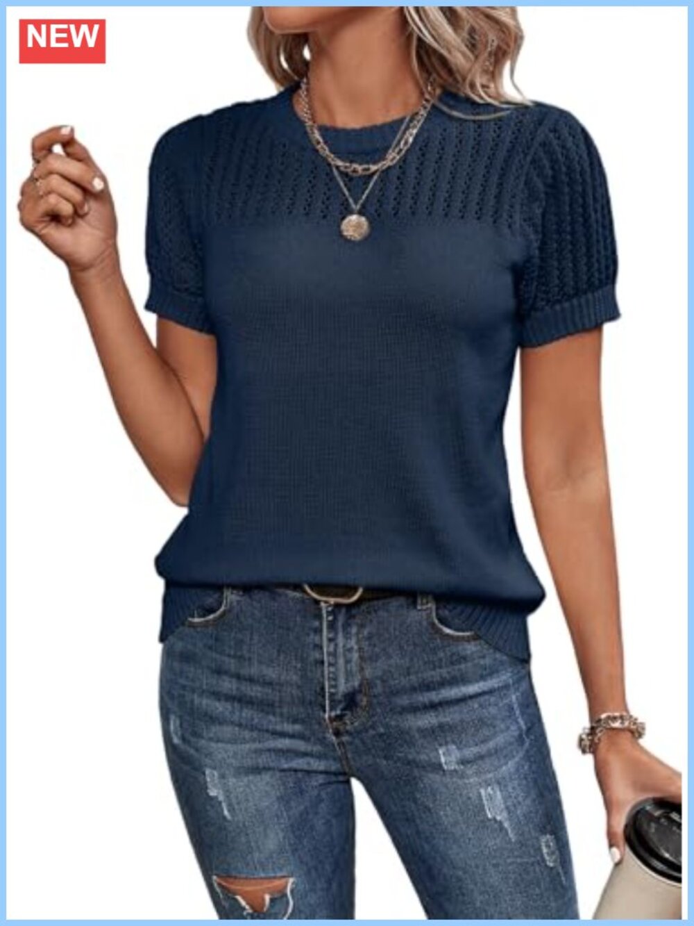 Women's Hollow Out Knit Top Crewneck Short Sleeve Loose Fit Summer